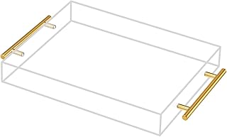 موكين صينية تقديم اكريليك شفافة بمقابض معدنية - مقاومة للانسكاب - منظم طاولة مزخرف لطاولة القهوة العثمانية والجانبية والافطار والشاي والطعام والخدم (11×14 انش، شفاف)، مستطيلي