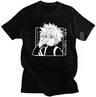 تي شيرتات - شيرت Kawaii Hunter X للرجال Killua Zoldyck مطبوع عليه رسومات جرافيك برقبة دائرية ضيقة من القطن الناعم مانجا أسود XL