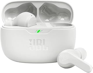 JBL سماعات اذن لاسلكية حقيقية بصوت جهوري عميق JBL من فايب بيم، بلوتوث 5.2، مقاومة للماء والغبار، مكالمات بدون استخدام اليدين مع فويس اوير، عمر بطارية يصل الى 32 ساعة (ابيض)، داخل الأذن