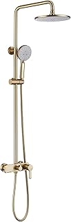 Shower System Set with 9"" Round Shower Head Shower Faucet Set Wall Mounted Adjustable Shower Combo Set Single Handle Rainfall Shower Set with Handheld Shower, Tub, Brushed Gold