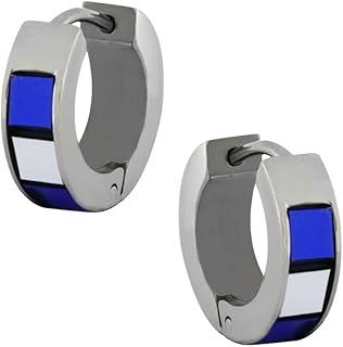 Gem Stone King Stainless Steel Blue and Silver Tiles Huggie Hoop Earrings 13MM Length, 5MM Width, Stainless Steel