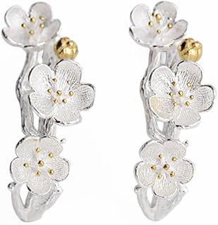 Sterling Silver Golden Plum Blossoms Flower Branch Line Stud Drop Earrings