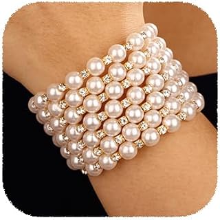 YERTTER Dainty Multi Layer Pearl Rhinestone 1920s Silver Gold Stretch Bangle Bracelet Wedding Sparkly Layered Wrap Cuff Bangle Bracelet Adjustable Pearl Bracelets for Women Brides Girls