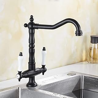 [RIUGHJID] Kitchen Faucets Double Handle Mixer Sink Tap Curved Hot and Cold Water Taps Black/Antique Bathroom Basin Water Faucet Deck Mount(Nero)(Nero)