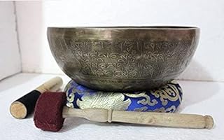 12" Om Mane Padme Hum Mantra Carved Singing Bowl for Meditation, Healing & Music Therapy - Tibetan Handmade Bowls From Nepal