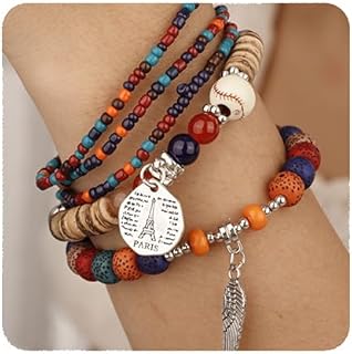 YERTTER 5Pcs Bohemian Beaded Stretch Bracelet Wing Disc Pendants Crystal String Vintage Multilayered Stackable Bracelets Anklets Tassel Rice Beaded Bracelet Bangle Accessories for Women Girls