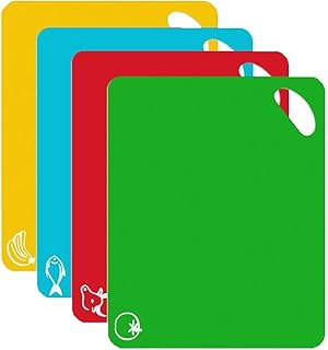 4Pcs Chopping Boards Cutting Board Multipurpose Colored Mats Anti-Skid Chopping Board Set Easy Hanging Boards with Colored Food Icons, Multipurpose, Dishwasher Safe Material (4 Colors)