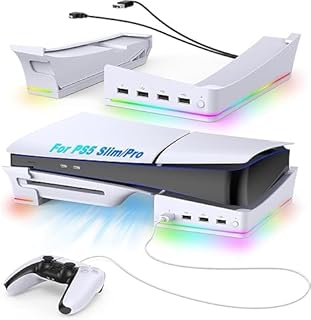 مصباح LED RGB لوحدة تحكم بلاي ستيشن 5 سليم الجديدة، ملحقات حامل مع 14 وضع اضاءة و4 منافذ USB، قاعدة غير قابلة للانزلاق لقرص بلاي ستيشن 5 سليم والاصدار الرقمي من ال بي ام تي (لون ابيض)