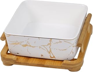 Marble Pattern Ceramic Serving Bowl with Bamboo Tray, White and Gold, Modern Design