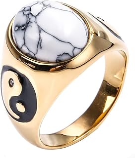 PAMTIER Men's Stainless Steel Vintage Yin Yang Signet Ring with Oval Stone