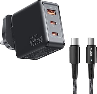 قابس شاحن USB C G65B 65 واط من يو ال اتش واي سي 3 منافذ جان نوع PD QC 3.0 لاب توب عالي الجودة النوع مع كيبل بطول 1 متر، أسود