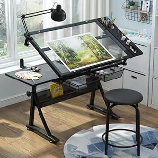 Artist Work Station Drawing Table, Adjustable Height(28-36.6in) & Angle(0°-50°), Home Office Desk, with Stool, Drawers, Side Trays, and Built-In Pencil Ledge (Color : Black, Size :