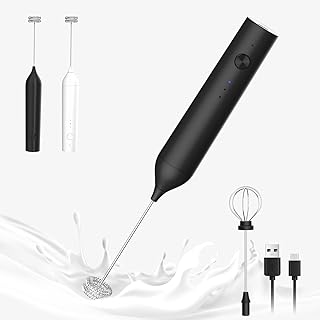 ELMWAY Milk Frother Handheld Rechargeable Electric Foam Maker, Drink Mixer with 2 Replaceable Stainless Steel Whisks for Cappuccino, Bulletproof Coffee, Latte (Black)