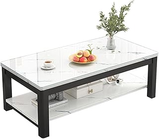 KHCEYT 2 Layer Fashion Coffee Tables,3C Tempered Glass Top Coffee Table,with Open Shelving for Storage And Display 2 Tier Sofa Table,Home Living Room Furniture Coffee Table(White B)