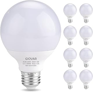 جيوفار مصابيح اضاءة LED كروية G25 من 8 قطع، ضوء نهاري 5000 كلفن، 120 فولت 40 واط، مصابيح اضاءة LED مكافئة لمرآة الحمام، قاعدة E26، غير قابلة للتعتيم