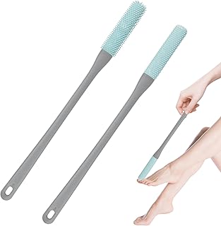 2 Packs Gray 15.7" Toe Cleaning Brush, Silicone Foot Brush for Shower, Long Handle Foot Scrubber Cleaner for Soft Feet Gap Care Seniors Elderly Men Women Skin Exfoliation Lotion Applicator (Gray)