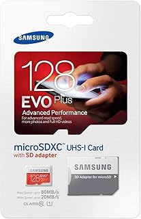 بطاقة ذاكرة MicroSD ايفو بلس بسعة 128GB مع محول SD (سرعة تصل إلى 80 ميجابايت، فئة 10، مقاومة للماء) اسود واحمر وابيض (MB-MC128DAEU) من سامسونج