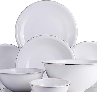 Dinnerware Set, Porcelain Fine Bone China Round Kitchen Dinner Dining White Tableware Combi-Set with Cereal Noodle Bowls Soup Plates Microwave and Oven Safe (16 Pieces Service for 6 People)