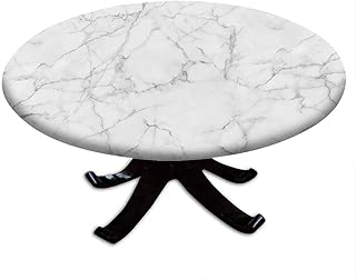 Marble Round Tablecloth with Elastic Edge, Marble Style Texture, for Dining Tables, Buffet Parties and Camping, Fit for 52" Table