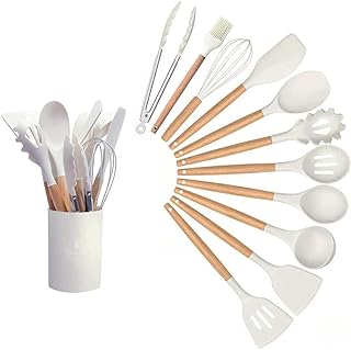 Kitchen Utensil Set, 12 PCS Silicone Cooking Utensils Set with Wooden Handle, Heat Resistant, Nonstick Cookware Tongs Spatula Spoon Set, Dishwasher Safe, Best Kitchen Tools (White)