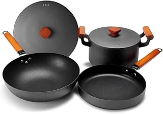 Pots, Iron Pot Set Wok Set Wok Old-Fashionedcoated Round Bottom Wok Gas Cooker Suitable Non-Rusty,