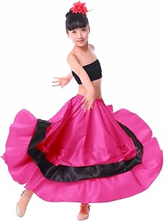 Girls Red Ruffles Layers Satin Long Skirt for Spanish Flamenco Belly Dance Gypsy Folklorico (as1