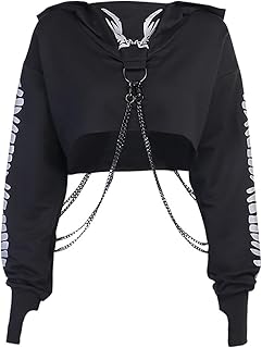 YINGWIN Women Gothic Reflective Print Hoodies Crop Top Pullover Sweatshirt Jumpers with Chain Women Gothic Punk Hooded Sweatshirt