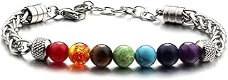 7 Chakra Bracelet For Men, 8MM Natural Stone Pineapple Beads Stainless Steel Adjustable Silver Cuban Link Chain Handmade Power Healing Gift Jewelry