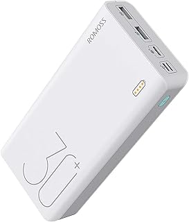 روموس باور بانك 30000mAh سينس 8+، شاحن محمول 18 واط PD USB C مع 3 مخارج و3 مداخل بطارية خارجية، شاحن موبايل متوافق مع ايفون 11 واكس اس ماكس وماك بوك وايباد برو، ابيض