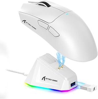 ماوس العاب لاسلكي خفيف الوزن X11 من اتاك شارك مع قاعدة شحن RGB، وضع ثلاثي 2.4G/USB-C سلكي/بلوتوث، 22K DPI، مستشعر بصري PAW3311، مفتاح هويو، 5 ازرار قابلة للبرمجة للكمبيوتر/ماك (ابيض)