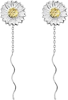 Sterling Silver Sun Flower Pull Through Wave Threader Dangle Earrings, One Size, Sterling Silver