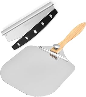 Aluminum Metal Pizza Peel with Foldable Wood Handle for Easy Storage, Pizza Spatula, Gourmet Luxury Pizza Paddle for Baking Homemade Pizza Bread with cutter(12 x 14 inch + 14 inch Cutter)