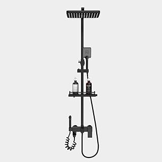 Shower Column System Set Black Wall Mounted 360° Rotatable Height Adjustable Bathroom Taps Mixer With Shower Set Overhead Rain Shower Kit, Black