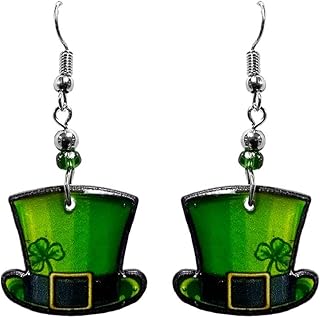 Leprechaun Top Hat St. Patrick's Day Themed Graphic Dangle Earrings - Womens Irish Fashion Handmade Jewelry Holiday Accessories, Acrylic