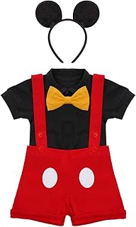 Newborn Unisex Baby Boys Girls First Birthday Mickey Outfits Romper + Bow Tie + Braces Shorts Trousers + Mouse Ears Headband Halloween Christmas Gentleman Clothing Set Photo Shoot