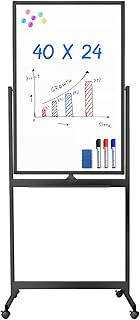 سبورة بيضاء مغناطيسية متنقلة، لوح ابيض مزدوج الجوانب قابل للمسح الجاف 40 × 24، لوح ابيض دوار باطار الومنيوم اسود قائم على عجلات