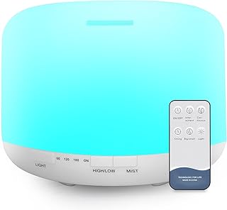 500 ml Essential Oil Diffuser, BPA-Free Ultrasonic Humidifier with Remote Control and 7 Different Changing Lights, Automatic Shut-off Without Water