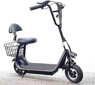 Mini Electric Scooter with Seat, Foldable Design, Storage Basket, LED Headlight, Black