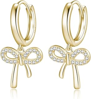 Reffeer Solid 925 Sterling Silver Bow Drop Hoop Earrings for Women Bowknot Hoop Earrings Huggie