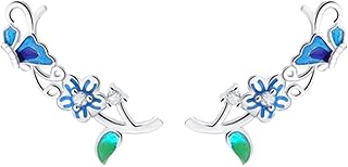 Rhodium on Sterling Silver CZ Flower Blue Enamel Butterfly Cuff Climber Crawler Earrings