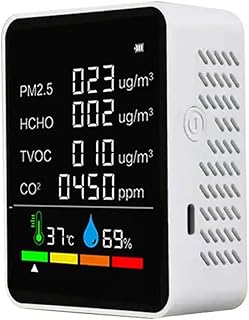 كاشف جودة الهواء المحمول، عداد رقمي CO2 داخلي 6 في 1 مع وظيفة انذار مسموع، مراقبة في الوقت الحقيقي ومعايرة تلقائية، من اجل TVOC HCHO الرطوبة النسبية لدرجة الحرارة