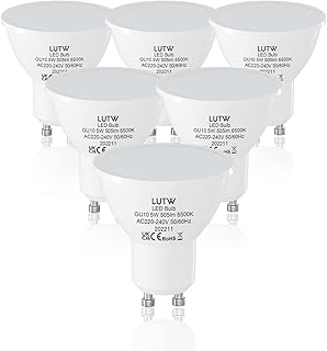 مصابيح اضاءة LED GU10 من لوتو بلون ابيض بارد 5 واط تعادل 40 واط، مصباح هالوجين موفر للطاقة غير قابل للتعتيم تيار متردد 220-240 فولت 6500 كلفن 505 لومن زاوية شعاع عريضة 120 درجة، عبوة من 6 قطع