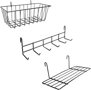 سلة تعليق، رف خطاطيف ورف تعليق | ملحقات شبكة الحائط للوحة شبكة الحائط السلكية | ملحقات لوحة الشبكة | سلة حائط سلكية ورف عرض وخطافات تعليق | شبكة تخزين وتعليق على الحائط، أسود، معدن