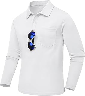 TBMPOY Men's Polo Shirts with Pocket Golf Long Sleeve Quick Dry Lightweight Collared Stylish Moisture Wicking Business Tennis, White, L