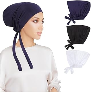 Goodern 3 Pcs Women Hijab Undercap Islamic Muslim Under Hijab Cap Fashion Solid Color Hijab Jersey Headband Inner Under Scarf Hat Hijab Cap with Tie Adjustable Head Wrap Hat for Women Girls