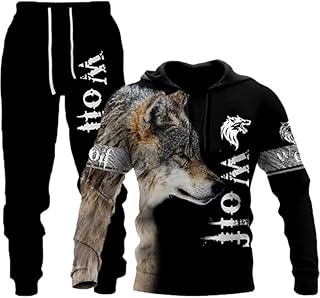 Men's Lion Wolf Hooded Jacket + Trousers Autumn Winter Animal 3D Lion and Tiger Print Casual Hooded Trousers