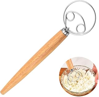 Danish Dough Whisk,LIUHUIZEYU Oak Handle Stainless Steel Coil Egg Beater Danish Dough Mixing Stick for Bread Cake Making(13 Inch)