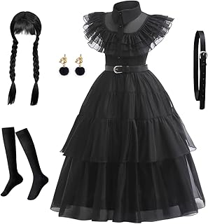 keaiyouhuo Halloween Costume Girl Dress for Children Black Princess Dress Cosplay Party Outfit with Belt Wig Socks 4-14 Years