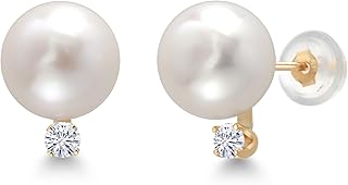 Gem Stone King 14K Yellow Gold Cultured Freshwater Pearls and White Moissanite Stud Earrings For Women (Pearl: 8-8.5MM, Moissanite: 0.13 Cttw, Round 2.5MM)