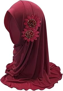 NICEYST Girls Ice Silk Muslim Khimar Hijab Headscarf Flower Arab Scarf Shawls Neck Wrap Islamic Head Wrap for Age 2-7 Years